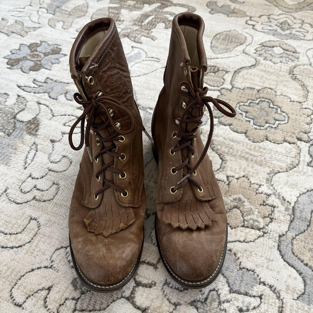 Western Boots Mens Size 9 Brown Leather Lace Up Kiltie‎ Fringe Workwear Ankle